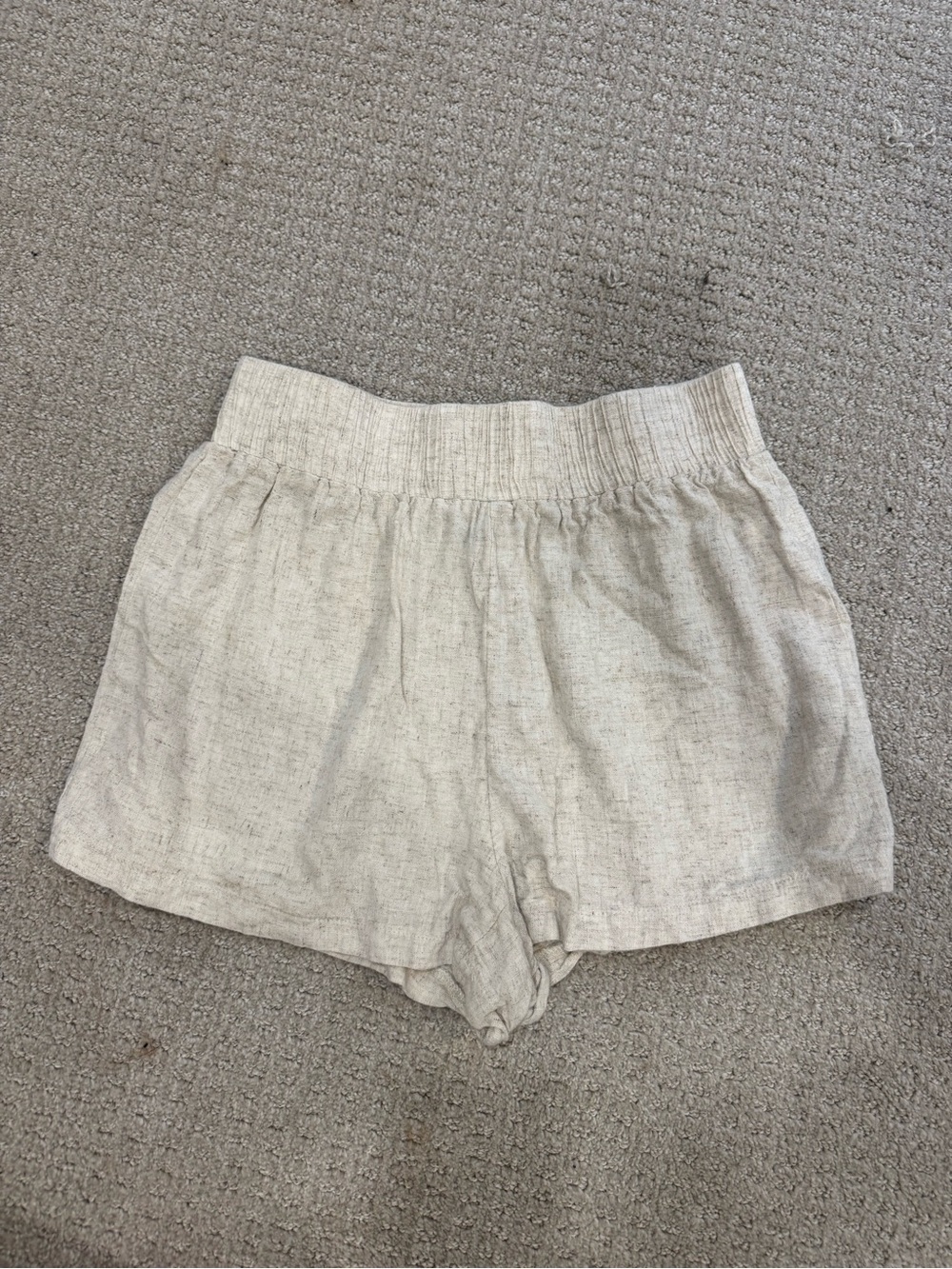 Light Beige Linen-Blend Women’s Elastic Waist Shorts